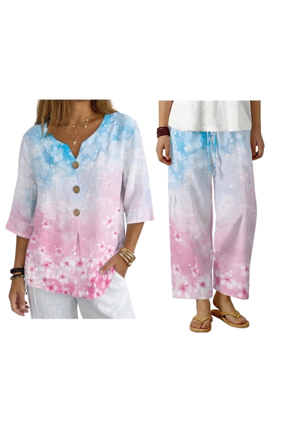 Womens Linen Shirts and Palazzo Pants 2026 Fashion Lounge Sets Pink Floral Print 3/4 Sleeve Button Down Tunic Top Wide Leg Pants with Pockets Plus Size