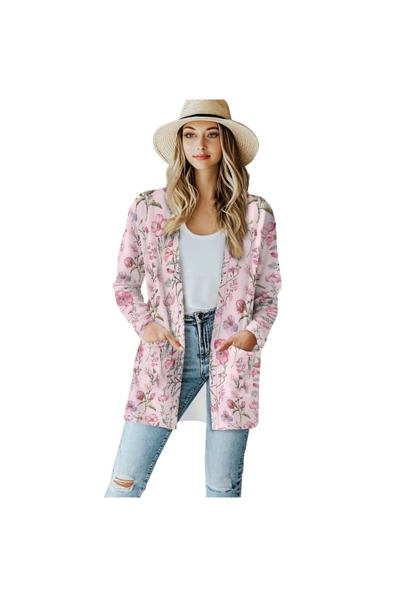 Womens Pink Butterfly Flower Floral Dressy Casual Lightweight Cardigans Long Sleeve Open Front Sweaters Flowy Tops Fall Dusters Decent Elegant Coat for Girl Lady