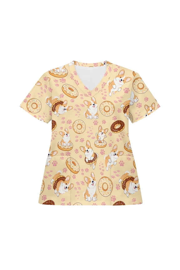 Womens Scrubs Tops, V-Neck Breathable Scrub Tops Women Corgi Donut Print, 2 Pocket Stretch Fabric Scrubs for Women, Medical Nurse Shirt-L
