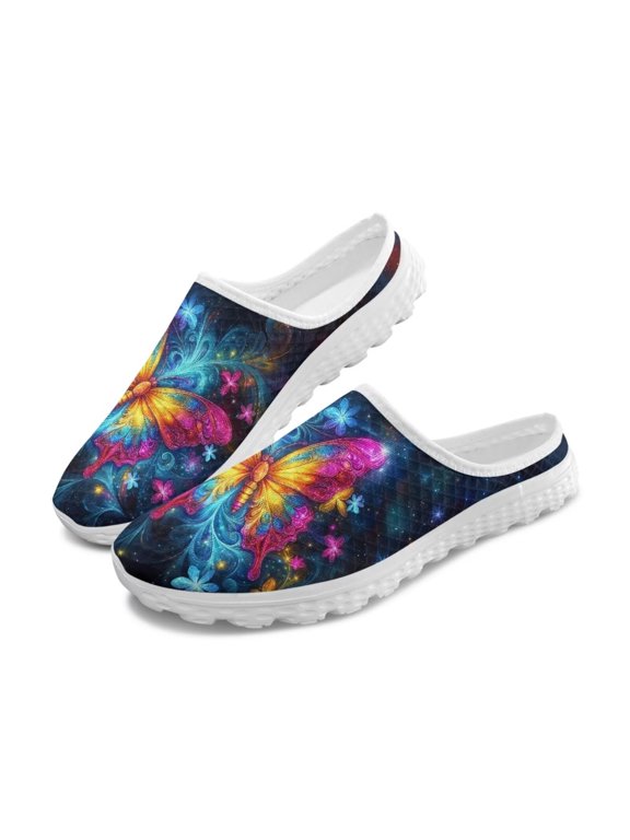 Womens Slip On Mules Abstract Rainbow Flower Butterfly Walking Sneaker Comfort Garden Clogs Slip On Loafers Open Back Breathable Slippers
