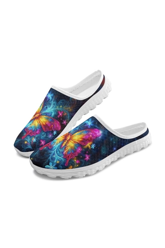 Womens Slip On Mules Abstract Rainbow Flower Butterfly Walking Sneaker Comfort Garden Clogs Slip On Loafers Open Back Breathable Slippers
