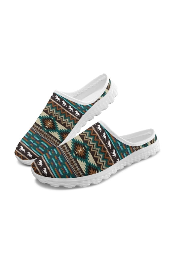 Womens Southwestern Style Loafers Green Southwestern Tribal Aztec Mules Shoes Slip On Garden Shoes Ladies Walking Sneakers Ladies Comfort Mesh Casual Footwear