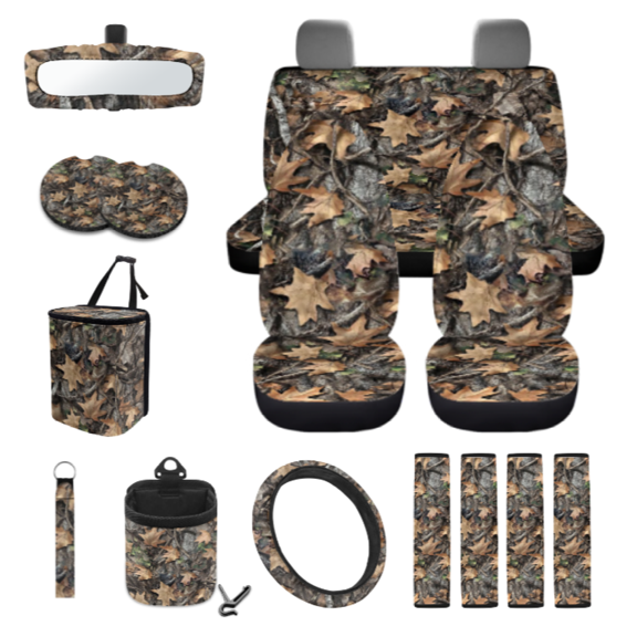 Chririnla Woodland Camo Pattern Car Seat Protector Kit, with Car Front and Back Seat Cover Car Seat Belt Pads Cover Water Cup Pad Car Organizer Bag Car Rear View Mirror Cover