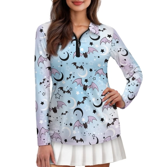 Chririnla Y2K Bat Halloween Funny Print Women's Long Sleeve Shirt Quick Dry Golf Tennis Moisture Wicking Sports Shirts Tops Slim Fit Straight Blouses for Holiday,S