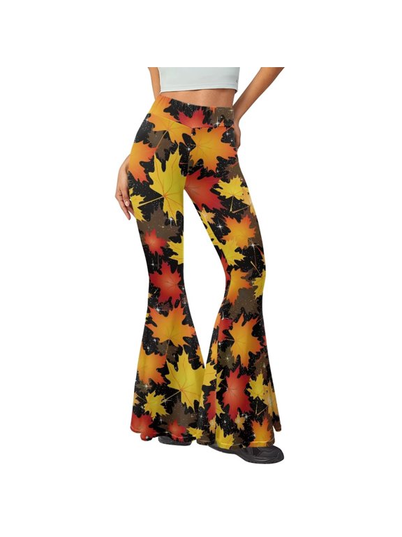 Yellow Maple Leaves Print High Waisted Flare Yoga Pants Buttery Soft Tummy Control Workout Pants for Thanksgiving Party Breathable Wide Leg Bootcut Athletic Leggings
