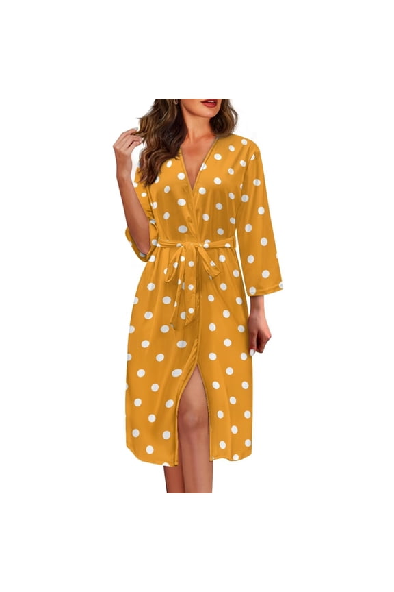 Yellow Nightgowns for Women Plus Size Loose Fit Polka Dot Bathrobe, V Neck Skin Friendly Loungewear Casual Robes