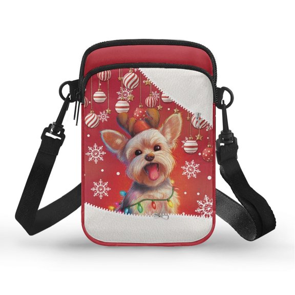 Chririnla Yorkie Christmas Pattern Crossbody Bag, Portable Shoulder Bag Polyester 2 Layer Cell Phone Purse for Travel Yoga