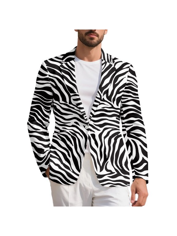 Zebra Print Open Front Jacket for Men Casual Sport Coats with Pockets Regular Fit One Button Suit Jacket Notched Lapel