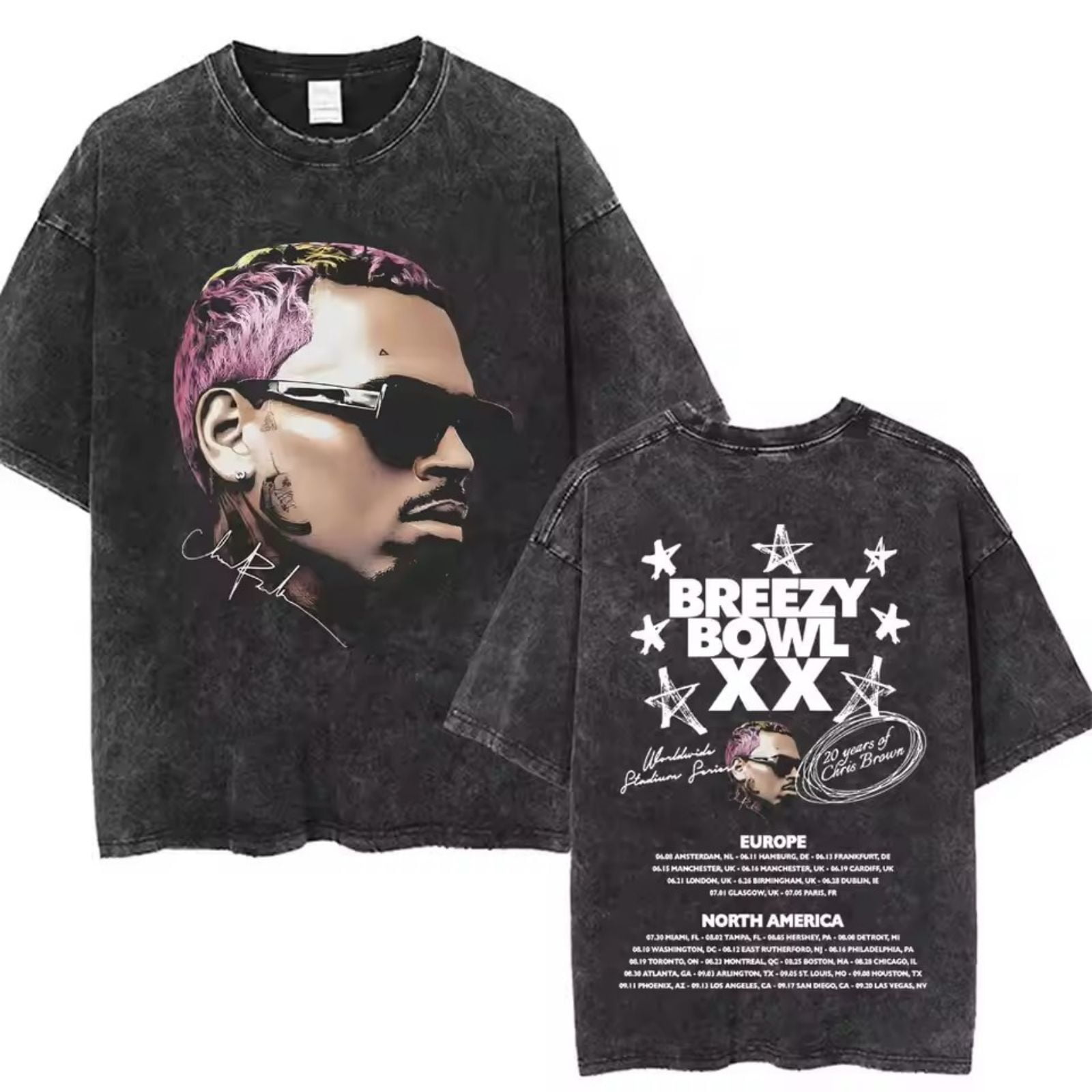 Chris Brown Shirt Washed Cotton T-Shirt Concert Short Sleeve (Single/S ...
