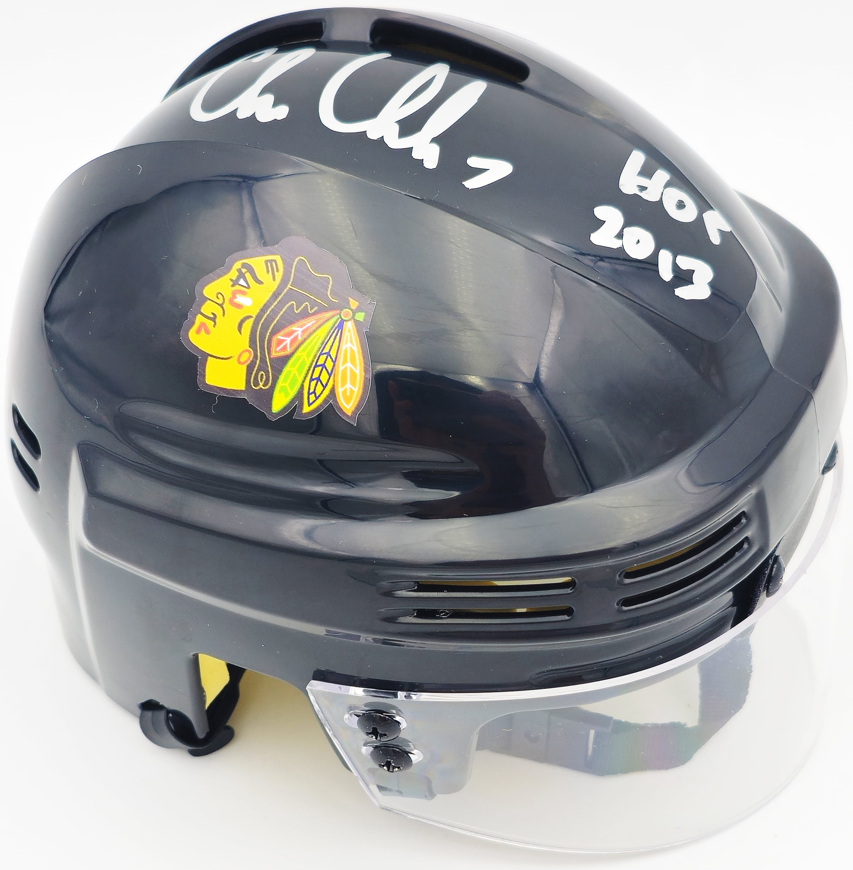 chicago blackhawks motorcycle helmet Chris Chelios Autographed Chicago Blackhawks Black Mini Helmet 