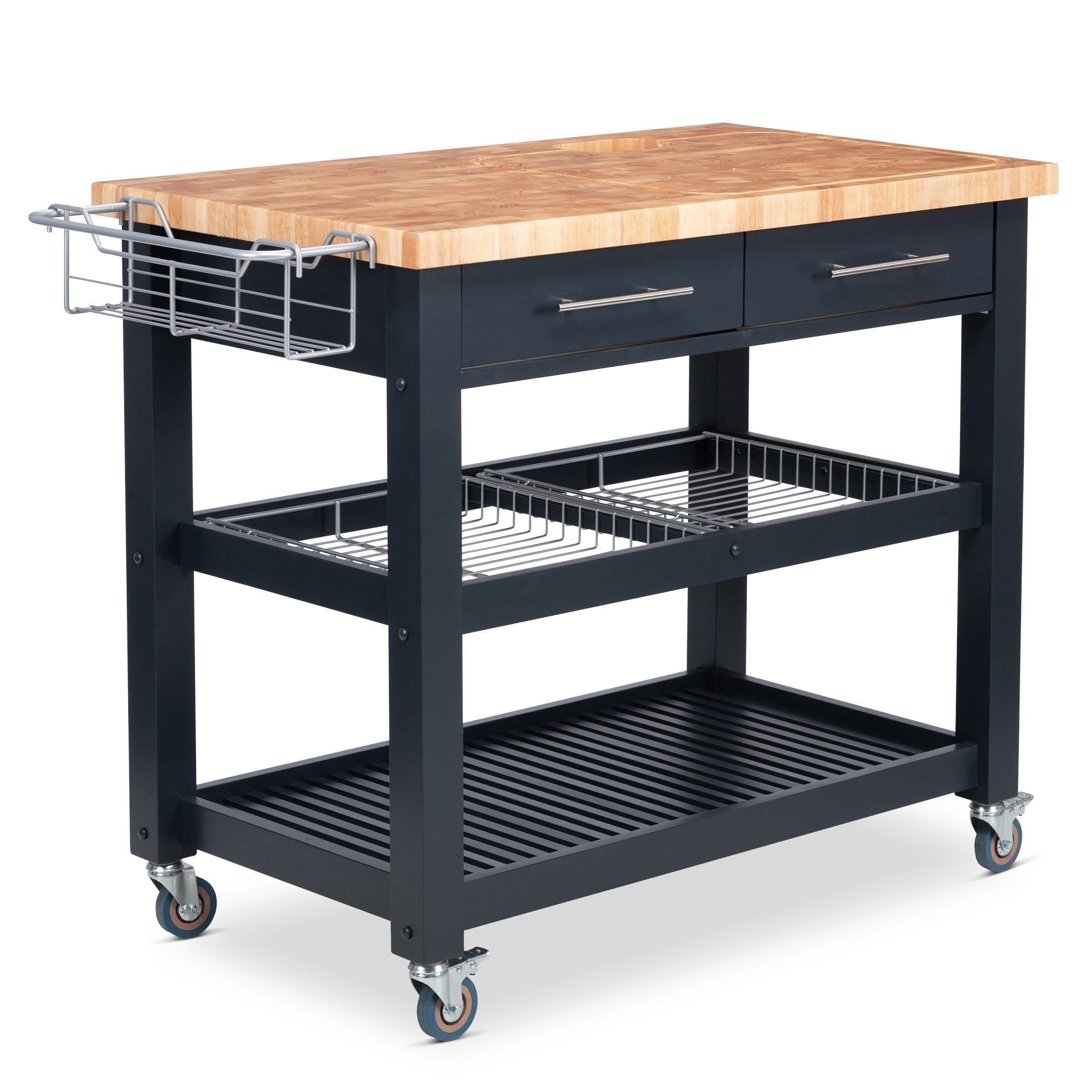 Midnight Navy Rubberwood Kitchen Cart with Butcher Block Top