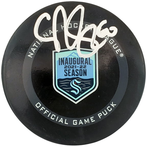 Chris Driedger Autographed Official Seattle Kraken Logo Hockey Puck Inaugural Season Logo Fanatics Holo 200853