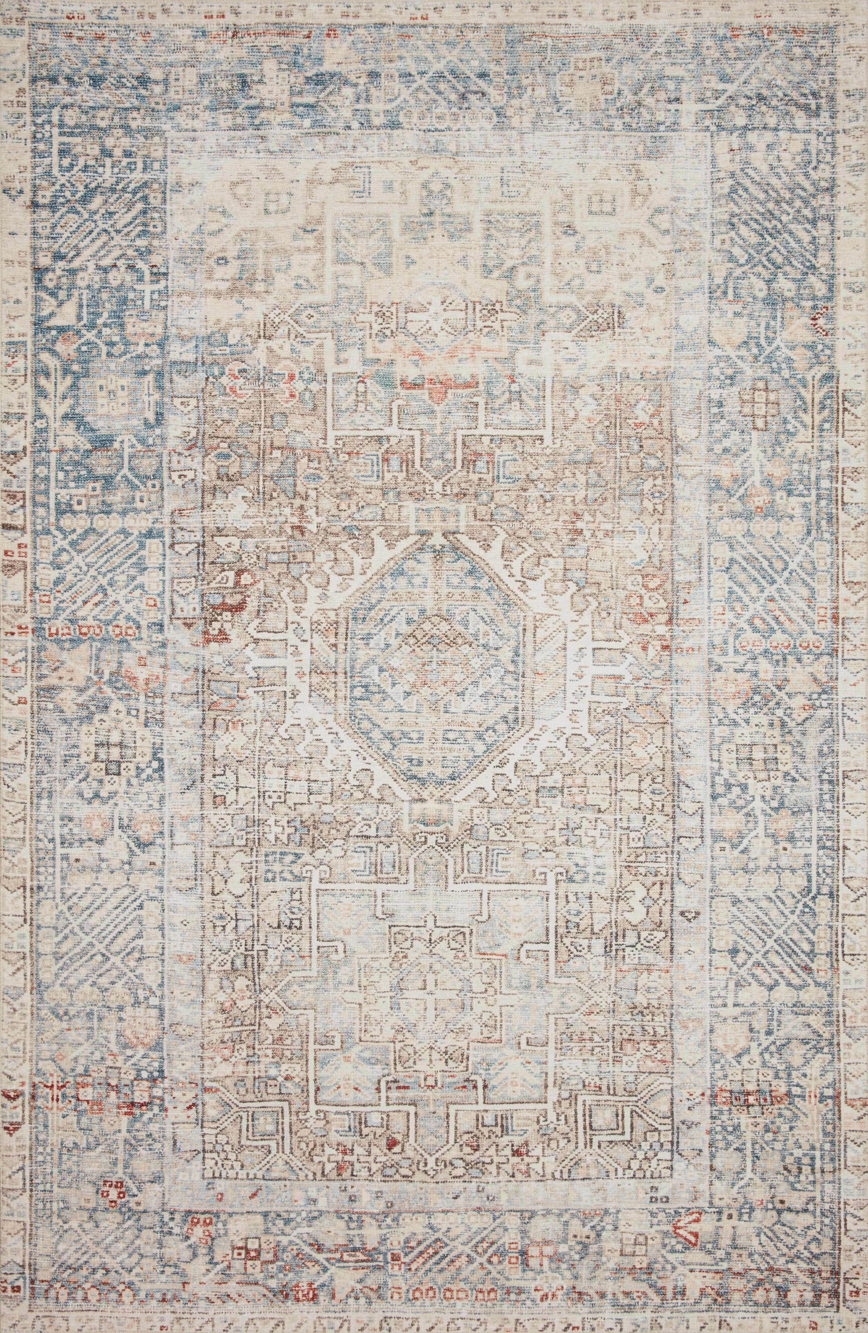 Light Blue and Beige Rectangular Synthetic Runner Rug