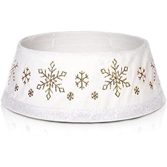 ChrisTMAS wHITE tREE cOLLAR 30 iNCH, sNOWFLAKE wHITE tREE rING, cHRISTMAS tREE sKIRT FOR aRTIFICIAL cHRISTMAS tREE, rUSTIC hOLIDAY pARTY iNDOOR dECORATION (wHITE-sNOWFLAKE)