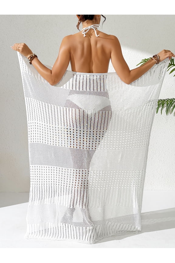 Women Beach Cover Up Sarong Wrap Skirt, Hollow Out Swimsuit Cover Up, Multiway Tie Beach Shawl Pareo, One Piece Bikini Coverup for Pool Vacation Resort, White