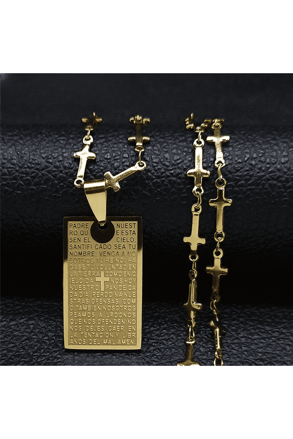 Chrisitian Cross Bible Verse Prayer Necklace 14K Yellow Gold Portuguese Religious Necklaces Jewelry