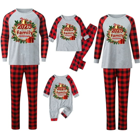 Chrismas Matching Pajamas Sets Family Parent-Child Suits 2025 Chrismas Printed Long Sleeve Crewneck Blouses and Plaid Pjs Long Pants Home Sleepwear Clothing