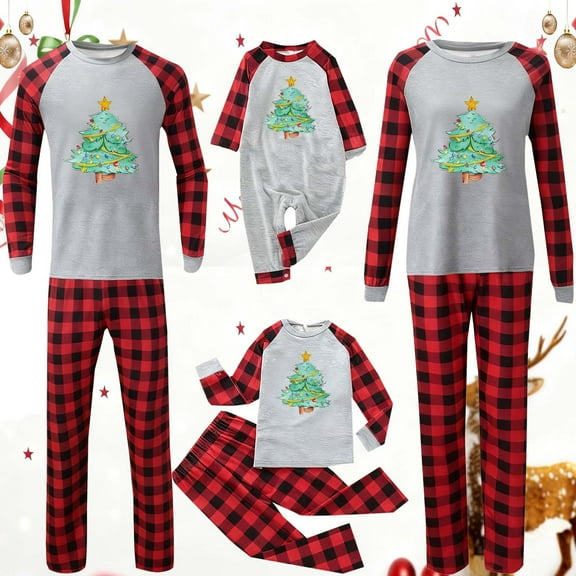 Chrismas Pajamas Family Matching Sets Home Parent-Child Clothing Long Sleeve Crewneck Shirts Top and Plaid Bottom Pjs Long Pants Festive Sleepwear Loungewear Wine