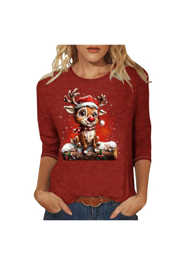 Chrismas Shirts for Women 3/4 Sleeve Round Neck Christmas Themed Graphic Tee Fall Winter Loose Fit Tunic Tops