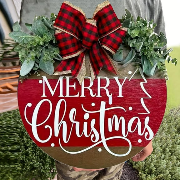 Chrismas Welcome Wreath Sign Decorations, Merry Christmas Hanging Sign for Front Door, Christmas Wooden Door Wreath with Bow for Holiday Rustic Farmhouse Outdoor Wall Window Decor