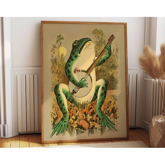 Green Frog Playing The Banjo Cute Bathroom Decor Frog Wall Art Toad Print Frog Poster Frog Deco Frog Vintage Illustration Whimsical Frog Wall Art, Modern Wall Decor, 8x12 UNFRAMED