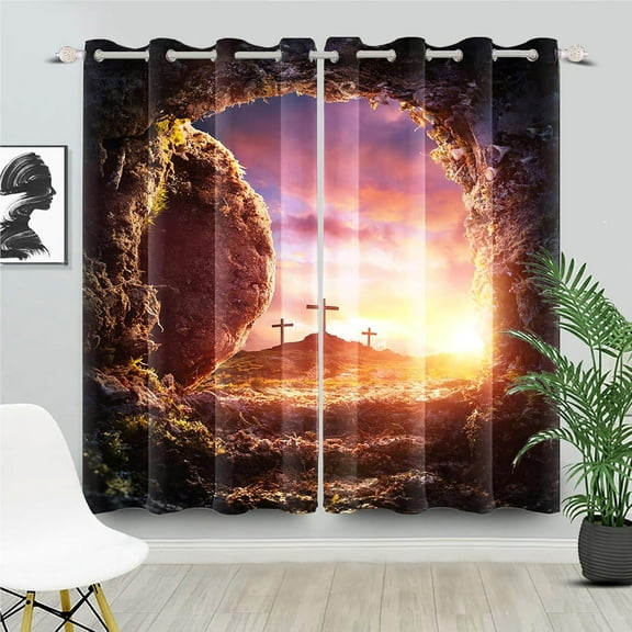 Christ Cross Blackout Curtains Crucifixion Resurrection of Jesus Curtain Drapes Holy Lights Sunrise Window Curtains for Easter Christian Church Home Bedroom Living Room-52"W x 84"L (Pack of 2)