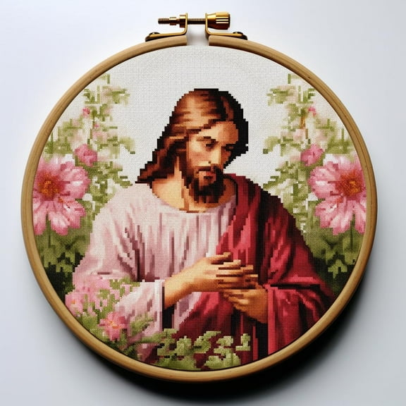 Christ Cross and Flower DIY Stamped Cross Stitch Kits for Beginners Easy with Hoop 11CT Needlepoint Embroidery Counted Cross Stitch Kits Art Craft Wall Decor and Gift 35x35cm(1)