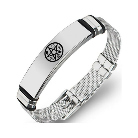 Christ Cross/Yin Yang/OM/Star of David/Triquetra Knot Religious Pentacle Protection Jewelry Stainless Steel Pentagram Star Amulet Symbolic Mesh Bracelet Bangle for Men Women, Adjustable, Silver