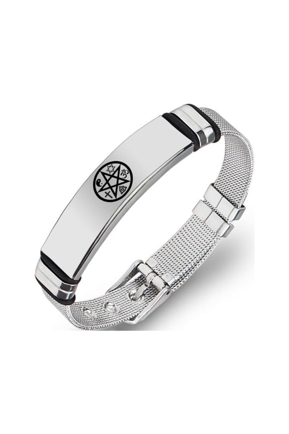 Christ Cross/Yin Yang/OM/Star of David/Triquetra Knot Religious Pentacle Protection Jewelry Stainless Steel Pentagram Star Amulet Symbolic Mesh Bracelet Bangle for Men Women, Adjustable, Silver