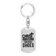 thumbnail image 1 of Christ In Our Shoes Stainless Steel or 18k Gold Premium Swivel Dog Tag Keychain, 1 of 10