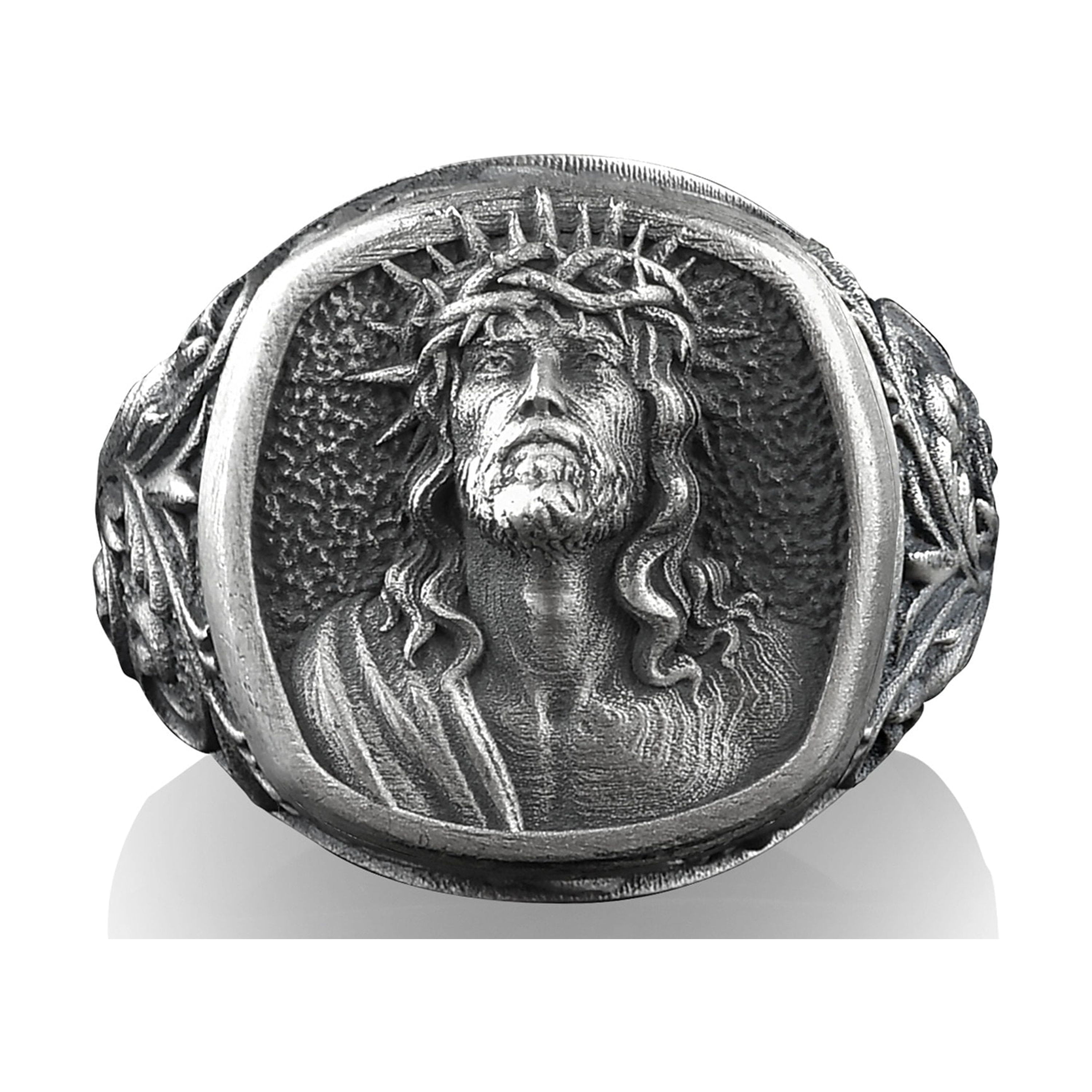 Christ Jesus Ring for Men in Sterling Silver, Jesus with Crown of ...