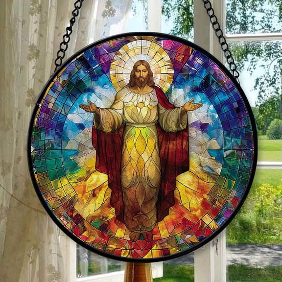 Christ Jesus Stained Glass Cat Sun Catcher, Wall Hanging Colored Decor Room Indoor Window Decor, Halloween, Christmas Hanging Ornament, Stained Glass Ornament 2025, Holiday