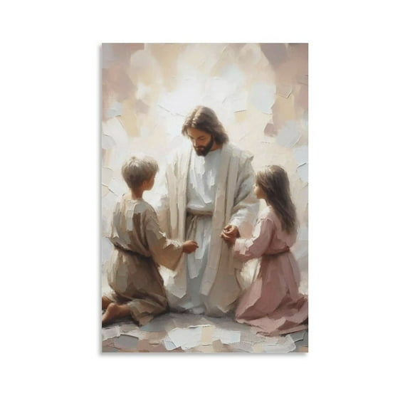 Christ Jesus Wall Art Decor Jesus Praying with Boy And Girl Bible Abstract Canvas Painting Wall Art Poster Gifts Bedroom Prints Home Decor Hanging Picture Canvas Painting Posters 16x24inch(40x60cm)