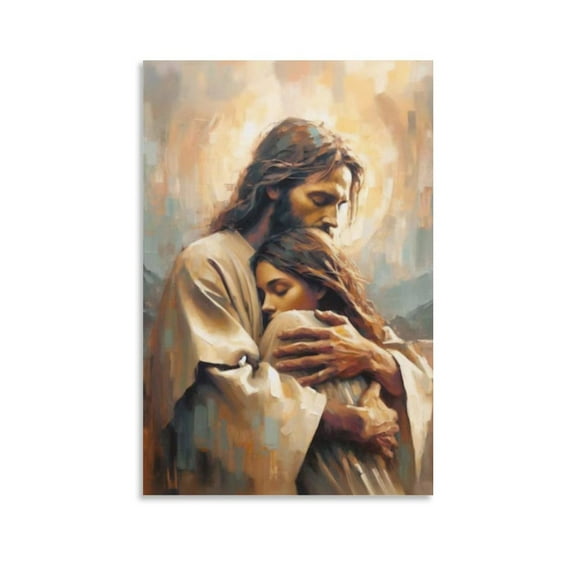 Christ Jesus And Woman Wall Art God Jesus Hugging Woman Hair Vintage Canvas Painting Wall Art Poster Scroll Canvas Painting Picture Living Room Decor Home 16x24inch(40x60cm)