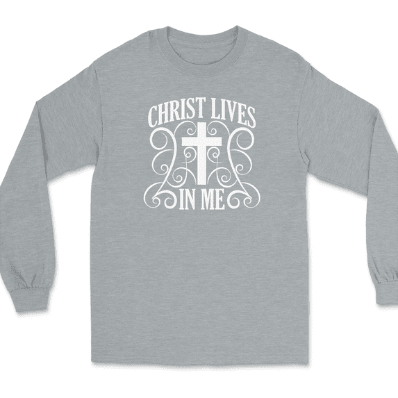 Christ Lives In Me Long Sleeve T-Shirt Christian Catholic God Jesus - Heather Grey, 5XL