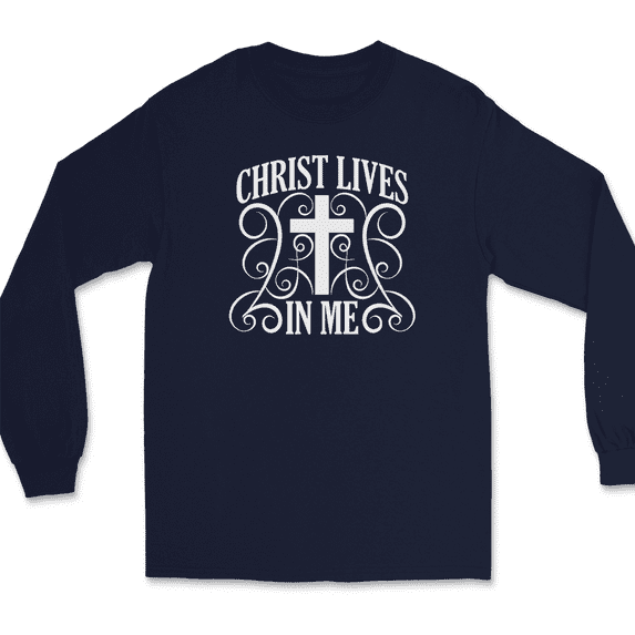 Christ Lives In Me Long Sleeve T-Shirt Christian Catholic God Jesus - Navy, L