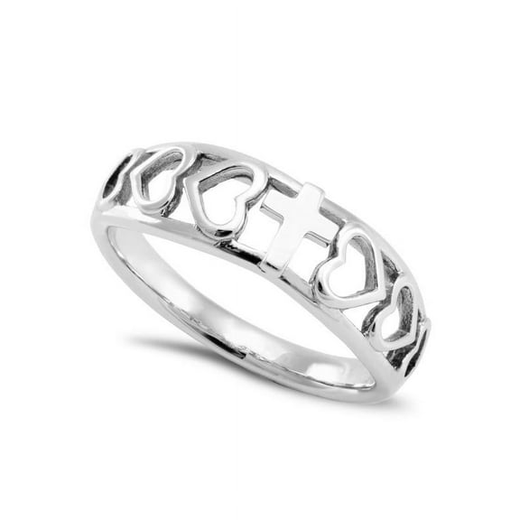 Christ My Strength Heart Cutout Ring with Cross, Stainless Steel