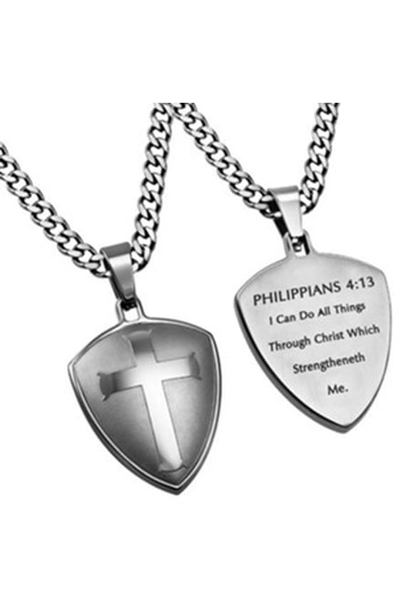 Christ My Strength Shield Cross Necklace, Silver