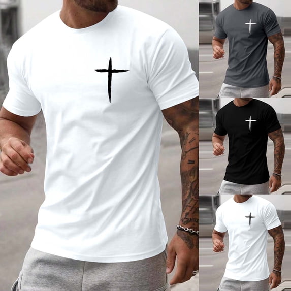 T Shirt for Men Cross Print Tees Short Sleeve Crew Neck Tops Summer Black L
