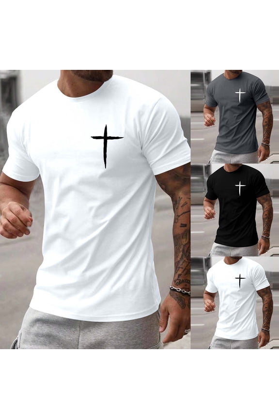 T Shirt for Men Cross Print Tees Short Sleeve Crew Neck Tops Summer White M