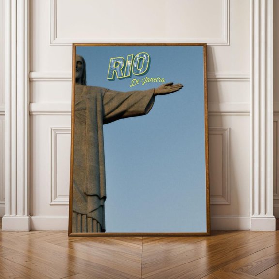 Christ The Redeemer Art Print Modern Typography Overlay Light Blue And Yellow, Unframed Paper Print