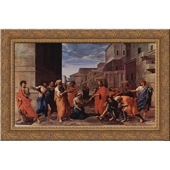 Christ and the adulteress 24x18 Gold Ornate Wood Framed Canvas Art by Poussin, Nicolas