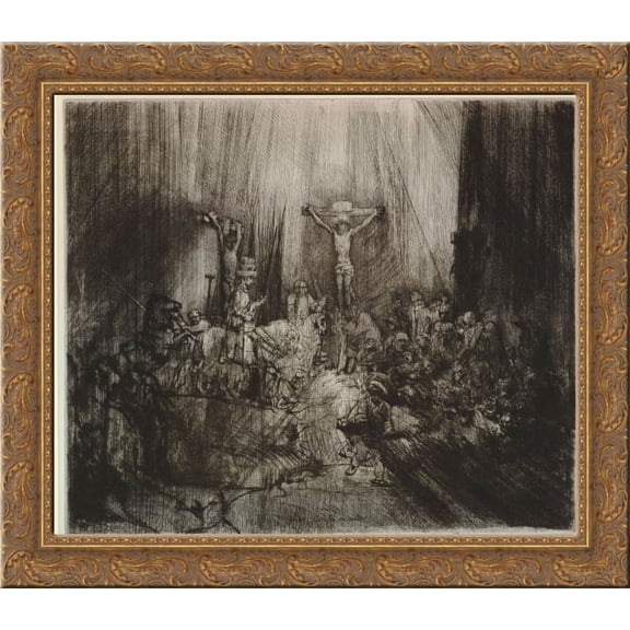 Christ crucified between the two thieves (Three crosses) 20x20 Gold Ornate Wood Framed Canvas Art by Rembrandt