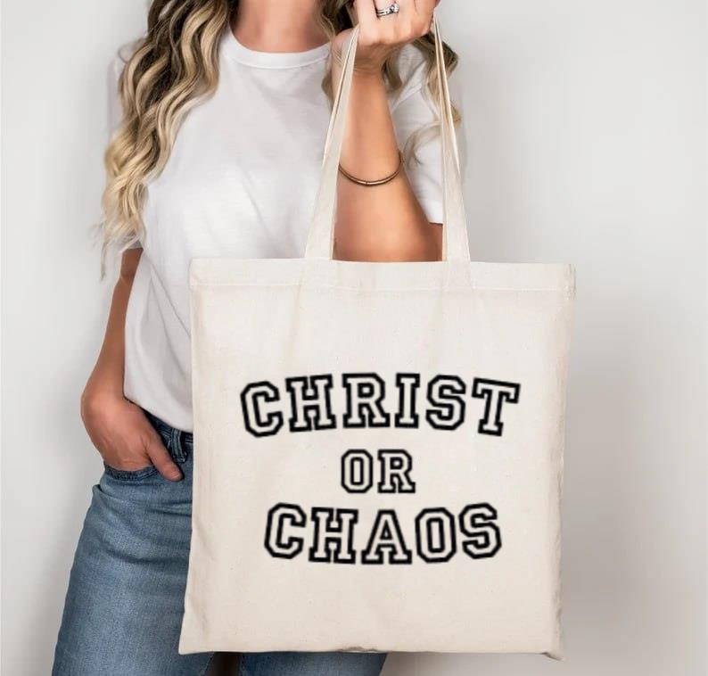 Christ or Chaos Tote Bag Minimal Black Outline Christian Theme,