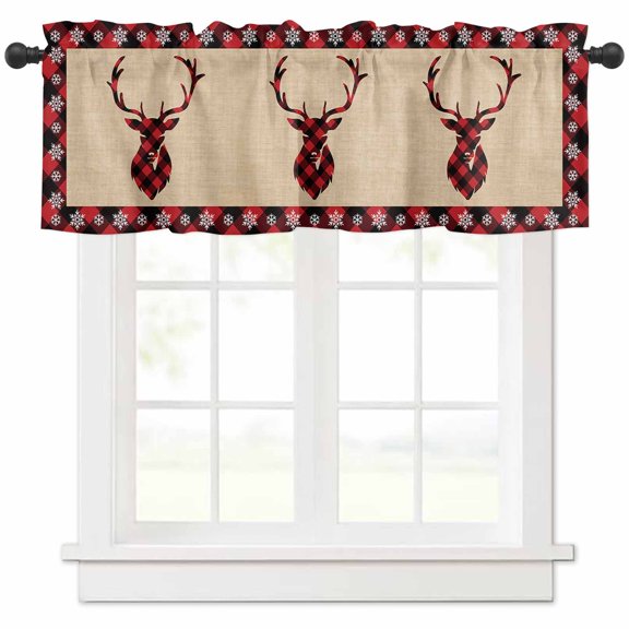 Christams Elk Valances for Windows, Red Black Buffalo Plaid Linen Texture Light Filtering Window Treatment Valances, Rod Pocket Small Curtains for Kitchen/Bathroom, 54"x18"
