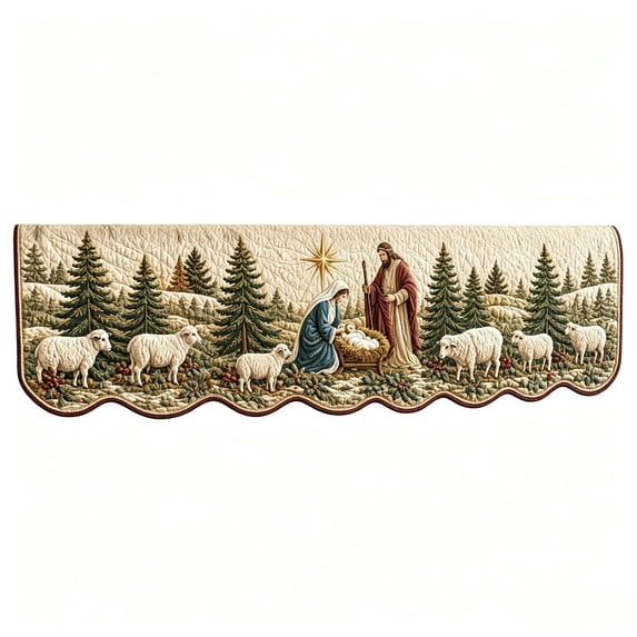 Christmas Fireplace Mantle Scarf,Quilted Fabric Nativity Scene Scalloped Edge for Home Fireplace Mantel Living Room 74.8 Inch
