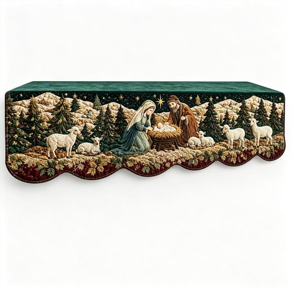 Christmas Fireplace Mantle Scarf,Quilted Fabric Nativity Scene Scalloped Edge for Home Fireplace Mantel Living Room 74.9 Inch