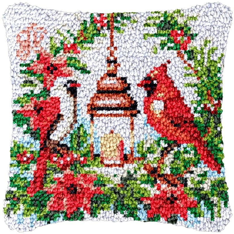 Christams Flowers Cardinal Bird Latch Hook Pillow Cover Kits for Needlework Cushion Throw Pillow Cross Stitch Crochet Hook Pillowcase Rug Kits Printed Canvas Crochet Yarn Kits Needlework 17'' X 17''