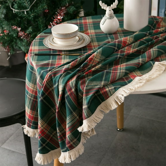 Christams Gingham Round Tablecloth Washable Buffalo Plaid Xmas Table Cloth with Tassel Cotton Linen Checkered Table Cover for Dining Room 59IN