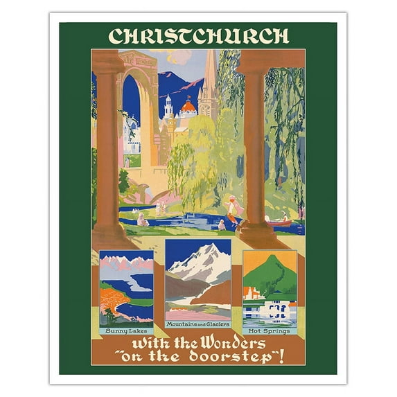 Christchurch New Zealand - Cathedral Hanmer Springs and Bridge of Remembrance on the River Avon - Vintage Travel Poster c.1935 - Fine Art Matte Paper Print (Unframed) 16x20in